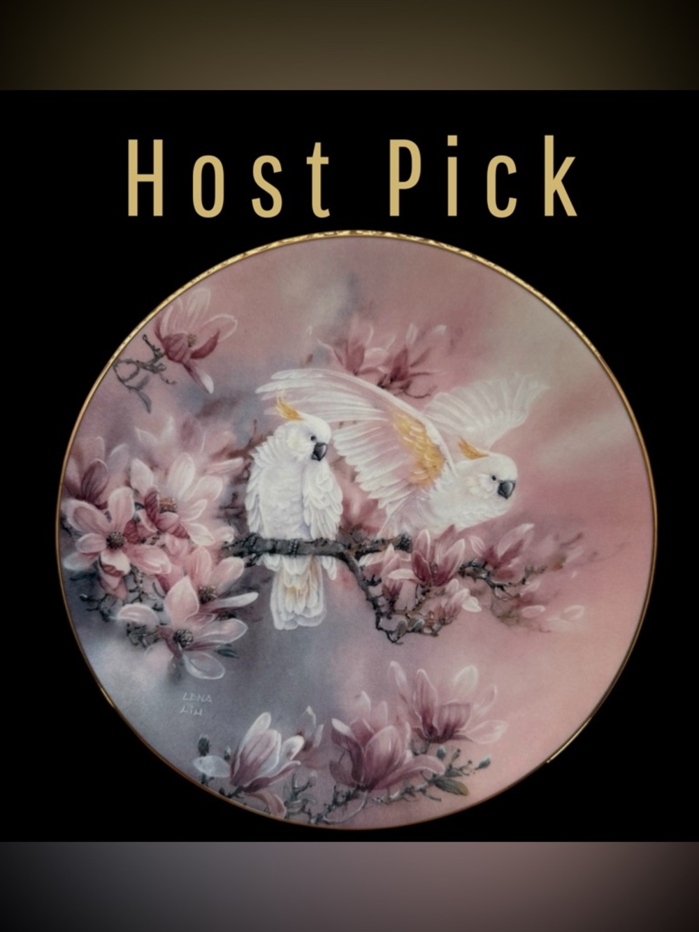 Vintage Lena Liu Fine China Decorative Plate with Cockatoos and Flowers